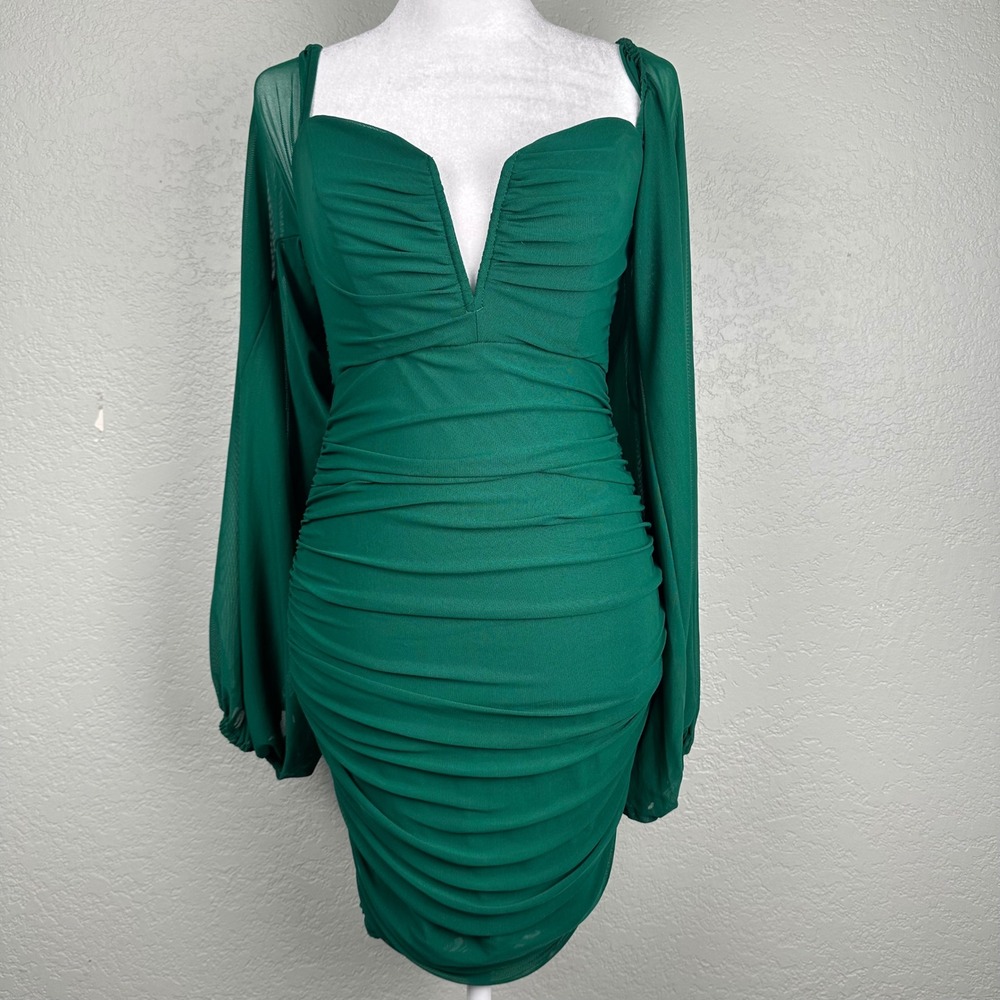 NEW 12TH TRIBE Mesh Ruched Mini Dress Women Sz M Emerald Green Glam Chic Bodycon